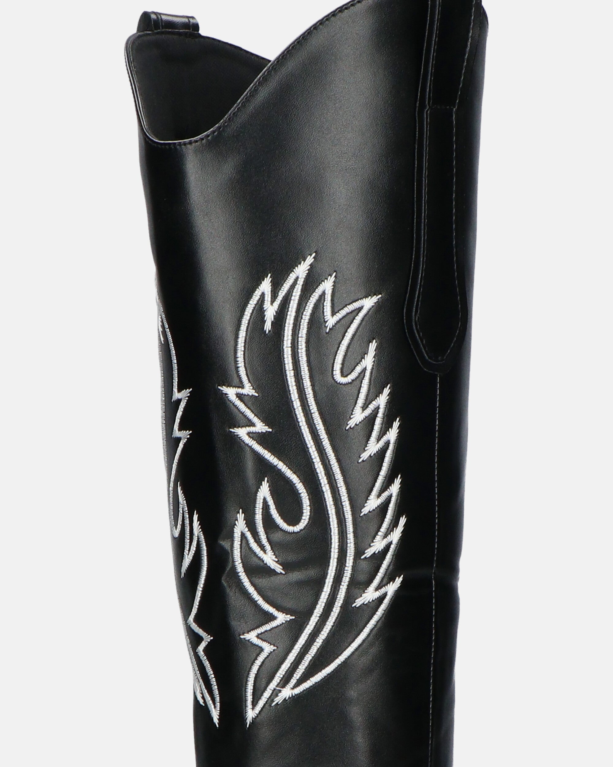 2 en 1 - CAMILA - botas tejanas con pala extraíble en ecopiel negra y bordado blanco