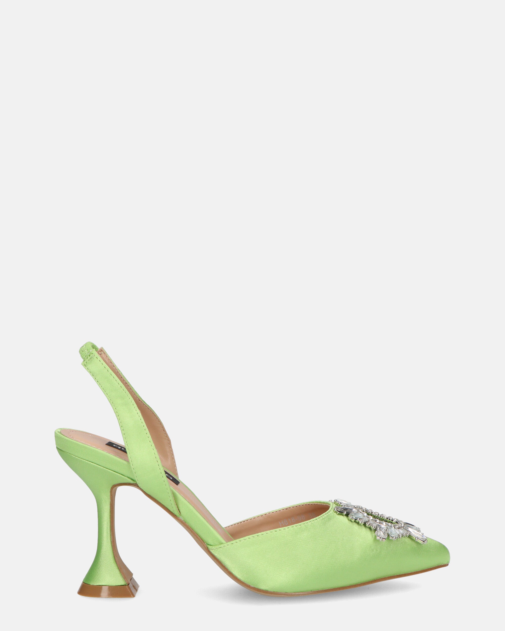 MAGDA - zapato de tacón en satin verde manzana con gemas decorativas