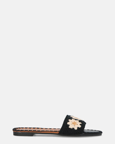 MARILIA - pantuflas negras con adornos bordados y suela marrón