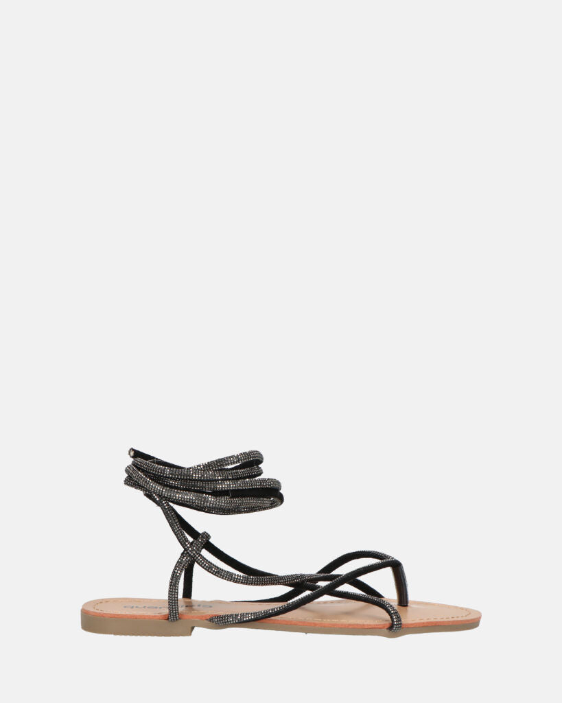 JANIRA - sandalias planas con cordones de glitter negro