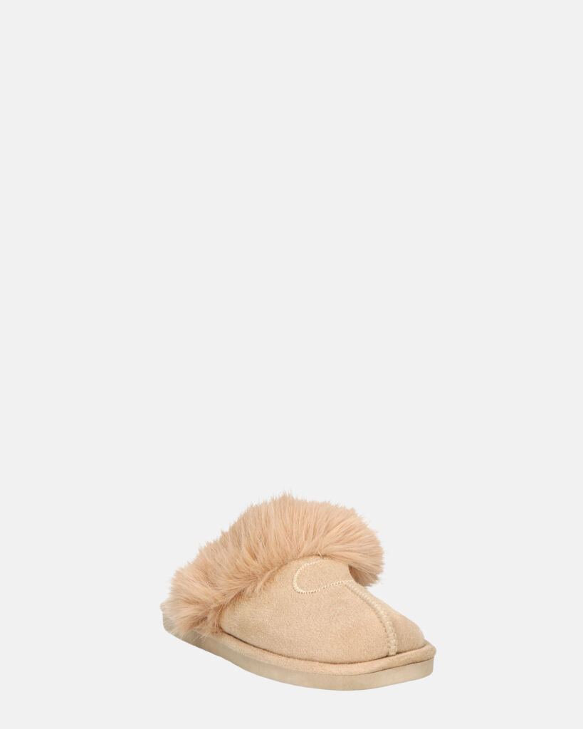 MIDORI - pantuflas beige con pelo y ante