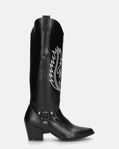 2 en 1 - CAMILA - botas tejanas con pala extraíble en ecopiel negra y bordado blanco