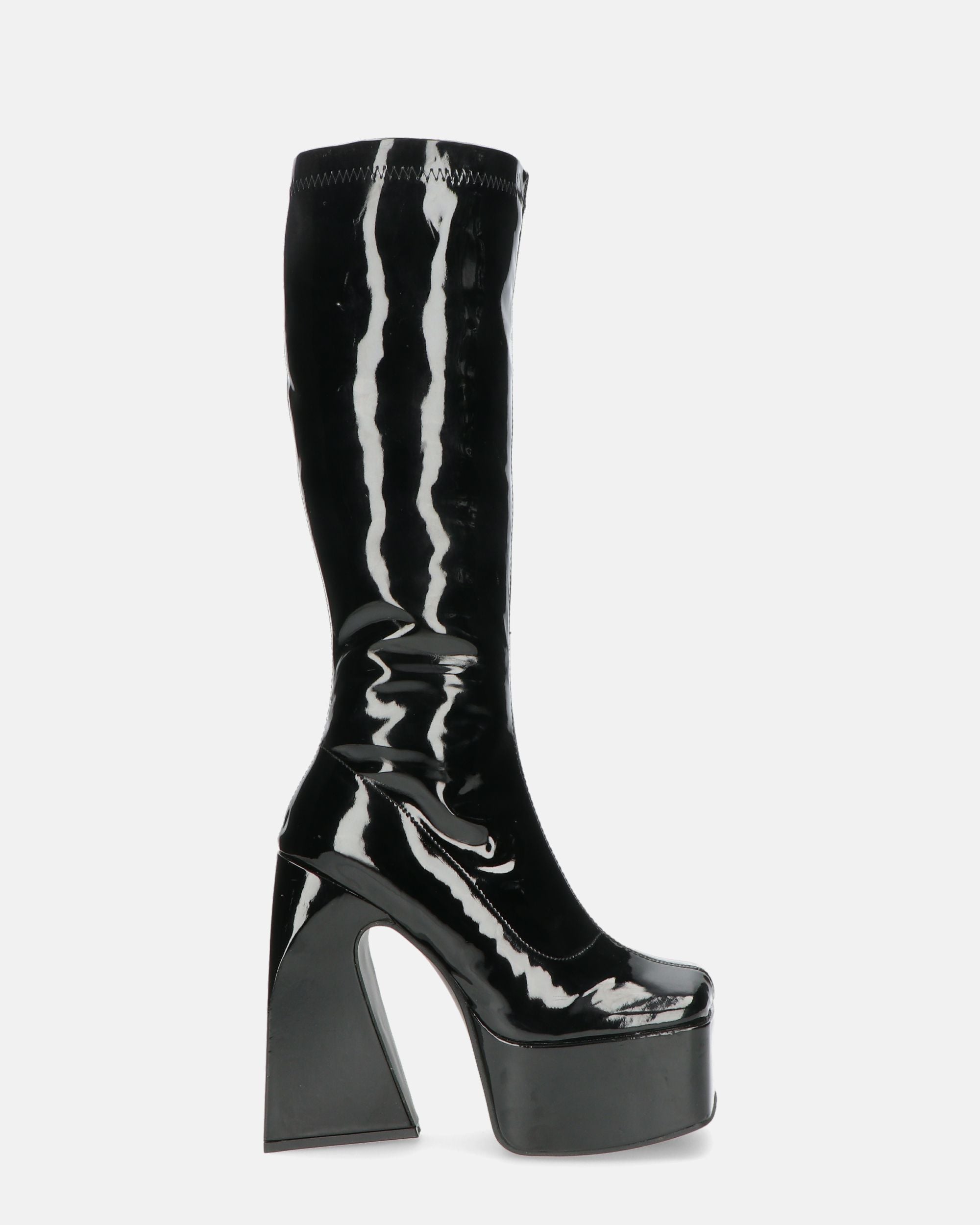 BECKA - botas altas negras glassy con cremallera y tacón cuadrado