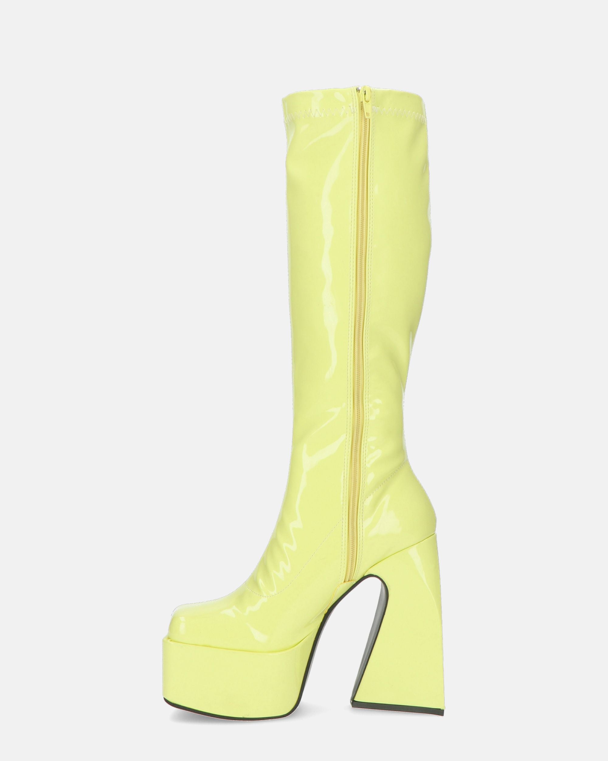 BECKA - botas altas amarillas glassy con cremallera y tacón cuadrado