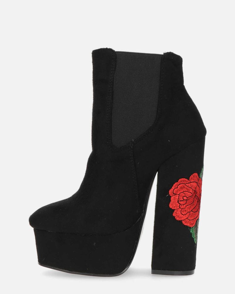 ELIZA - botín de tacón en ante negro con rosas bordadas
