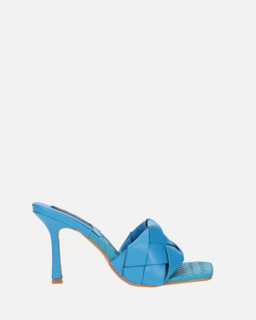 ENRICA - sandalia en piel trenzada azul con tacón