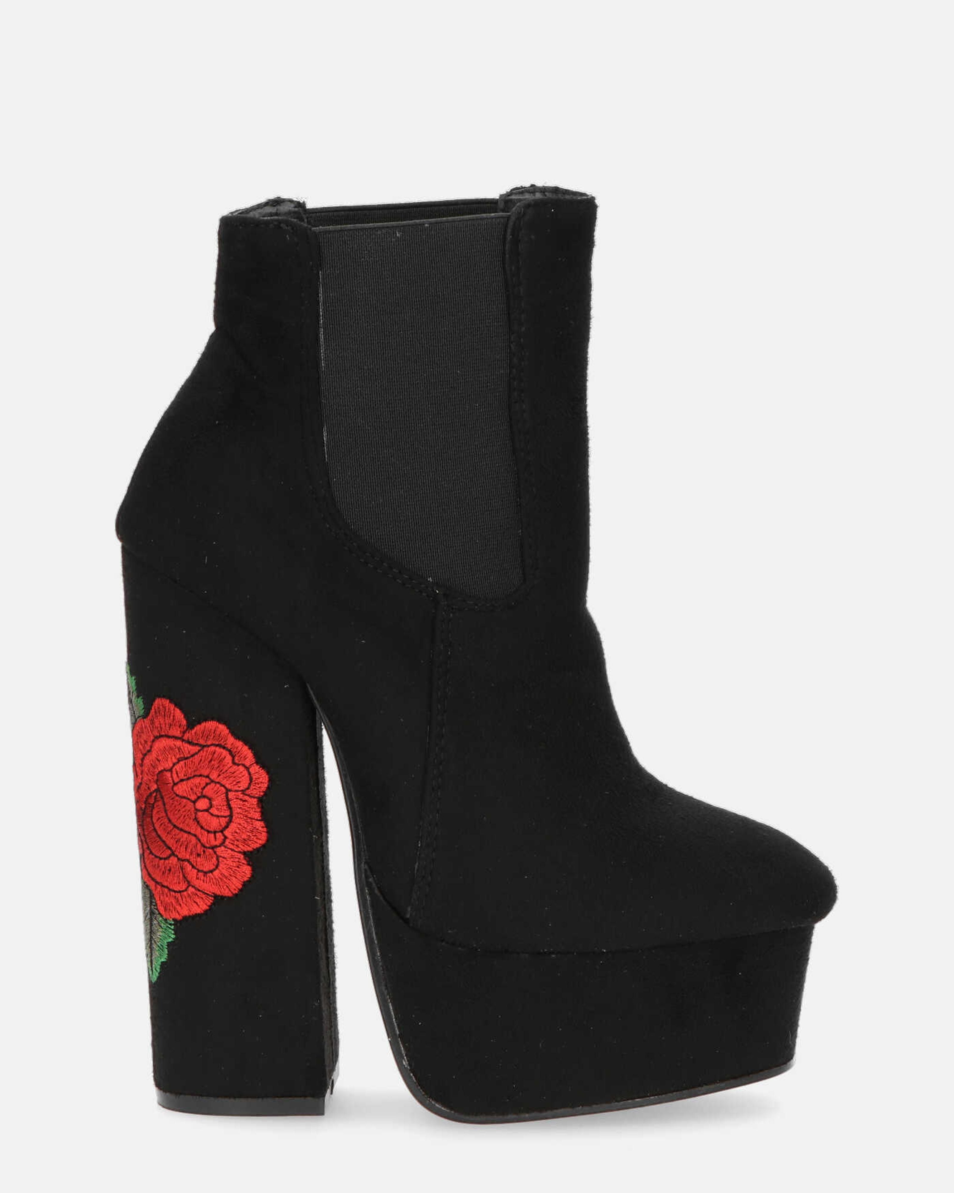 ELIZA - botín de tacón en ante negro con rosas bordadas